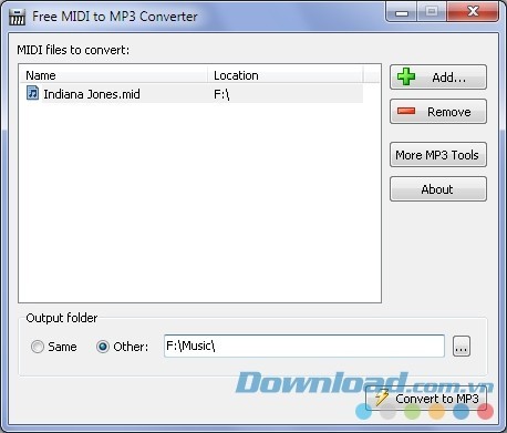 Giao diện chuyển đổi file trên Free MIDI to MP3 Converter