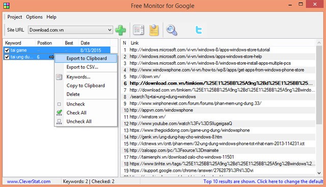 Xuất kết quả thứ hạng từ khóa