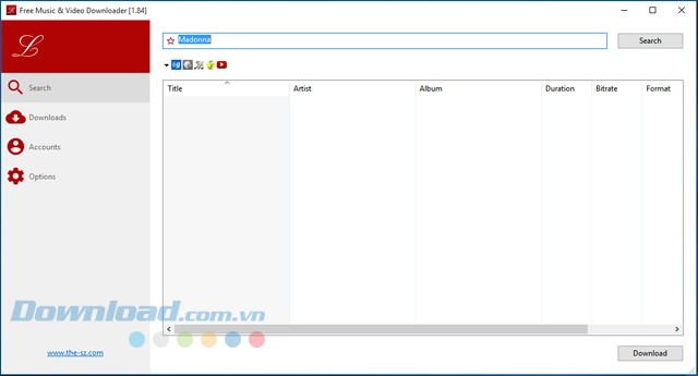 Giao diện chính của phần mềm tải video và nhạc miễn phí Free Music & Video Downloader
