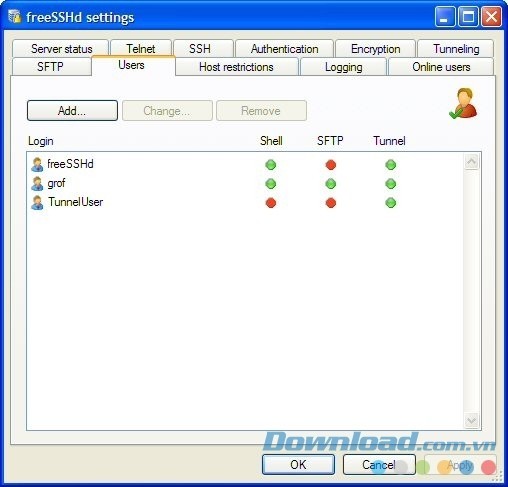Xem danh sách người dùng bằng ứng dụng máy chủ cho máy tính FreeSSHd