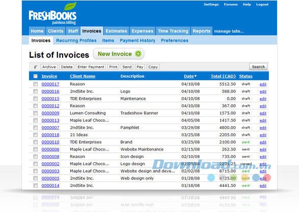 Danh mục hóa đơn trong FreshBooks