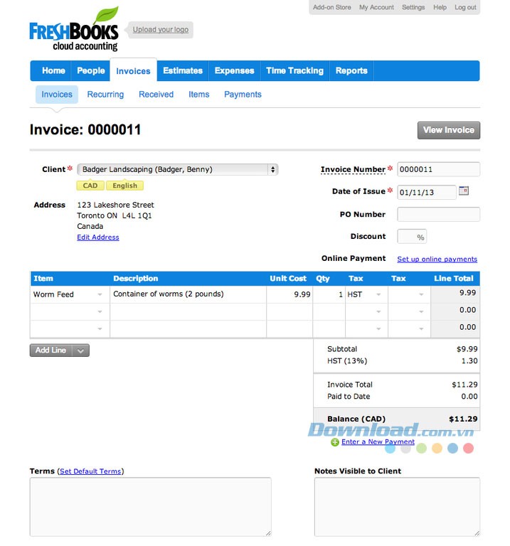 Thông tin từng hóa đơn trong FreshBooks