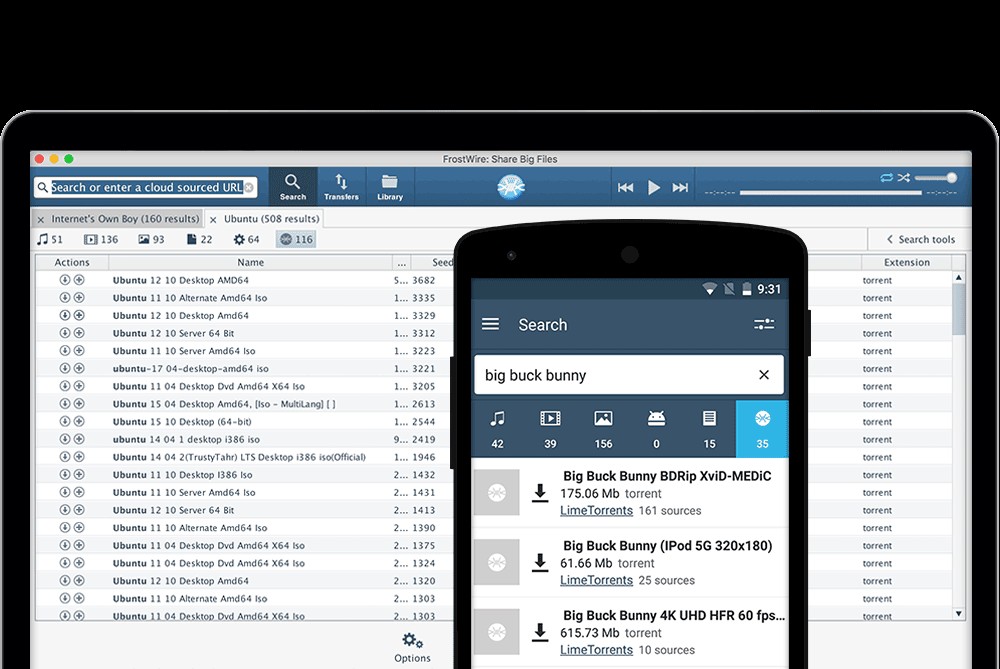 FrostWire tìm kiếm ngay trong ứng dụng