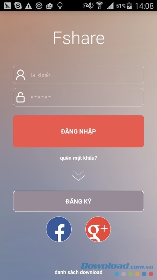 Giao diện đăng nhập tài khoản Fshare trên Android