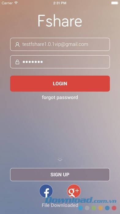 Giao diện đăng nhập Fshare trên iPhone