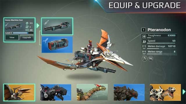 Nâng cấp và trang bị cho khủng long của bạn vũ khí và áo giáp
