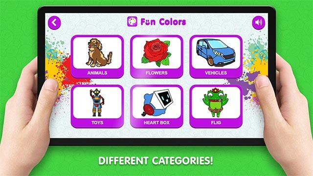 Rất nhiều chủ đề như động vật, hoa, xe cộ, đồ chơi... để bé lựa chọn trong Fun Colors game