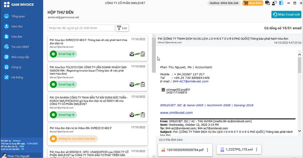 Giao diện hộp thư đến, lưu trữ hóa đơn điện tử