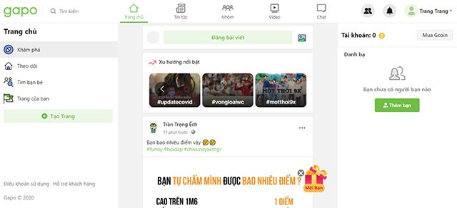 Giao diện Trang chủ Gapo