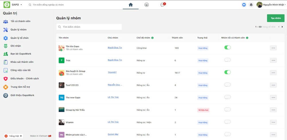 Hỗ trợ tạo, quản lý nhóm nhân sự