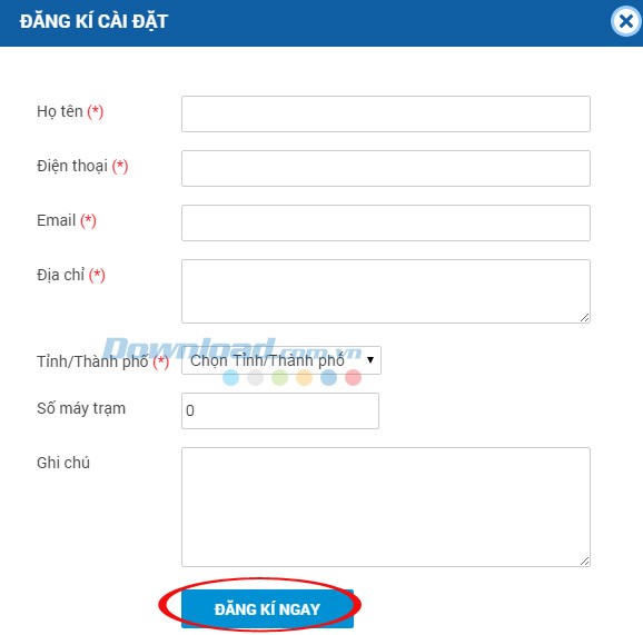 Điền đầy đủ thông tin đăng ký cài đặt GCafe Professional