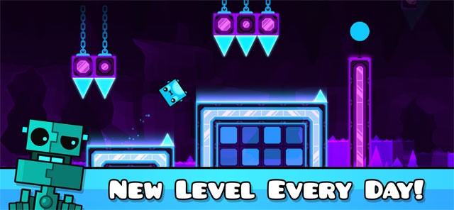 Điều khiển khối vuông vượt chướng ngại vật và thử thách trong Geometry Dash World