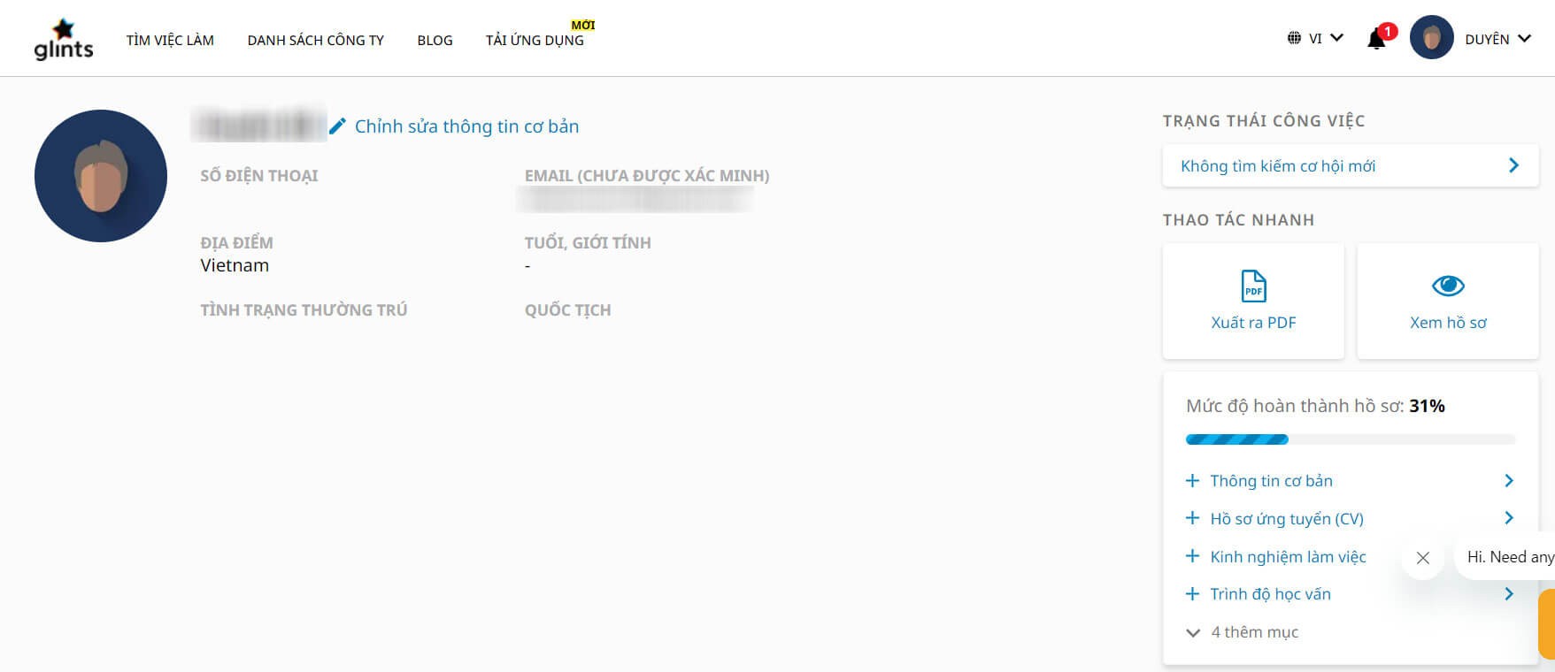 Quản lý hồ sơ, thông tin tài khoatn Glints