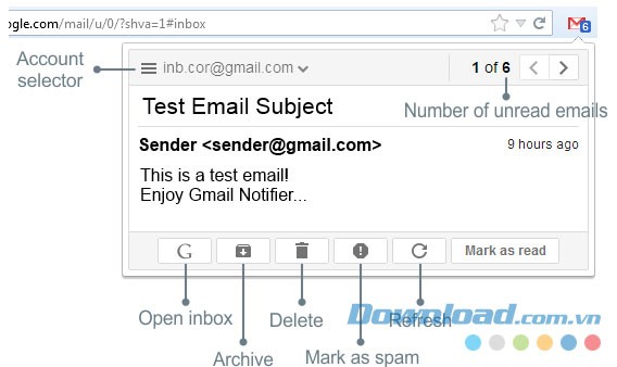 Giao diện chính của tiện ích mở rộng Gmail Notifier (restartless) cho Firefox