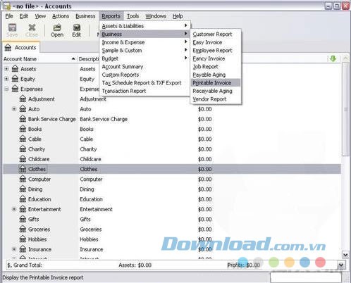 GnuCash phân loại các mục thu nhập và chi phí rất chi tiết