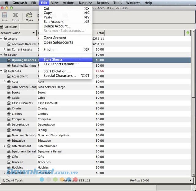 Giao diện phần mềm GnuCash cho Mac