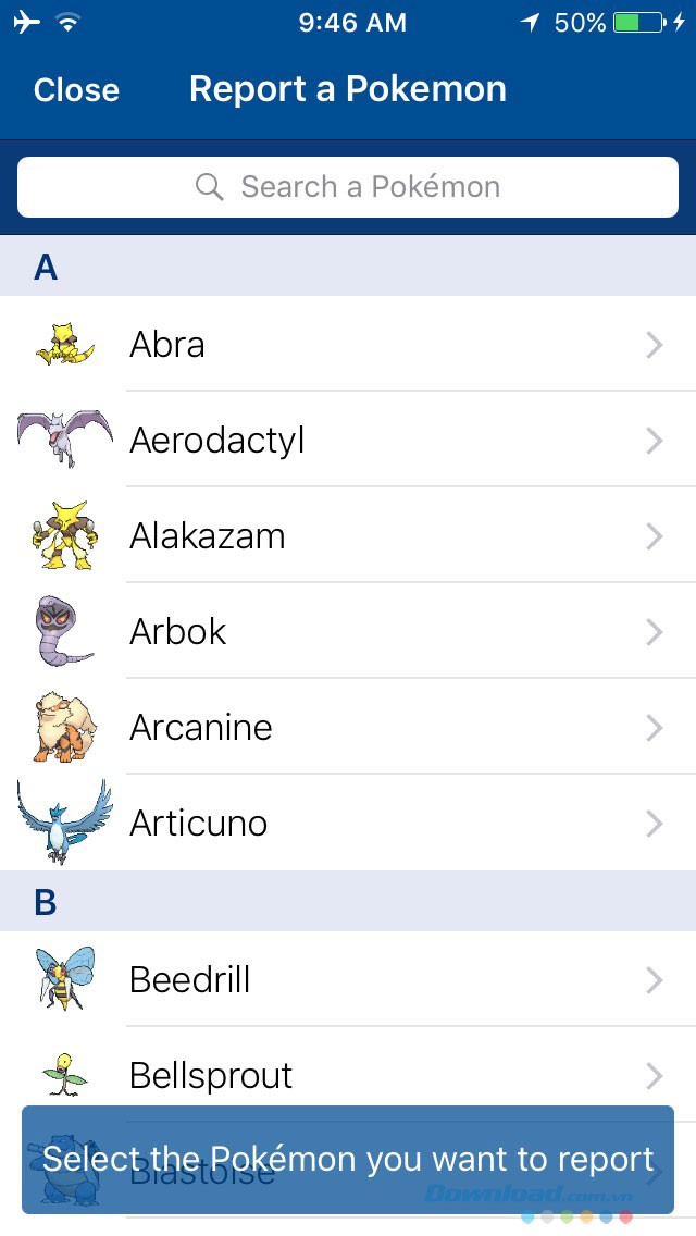 Danh sách các loại Pokémon trong ứng dụng