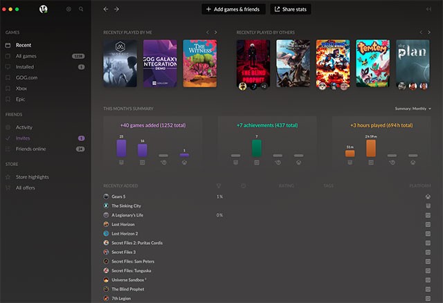 Dễ dàng quản lý thư viện trò chơi, thống kê chi tiết và kết nối bạn bè với GOG GALAXY app