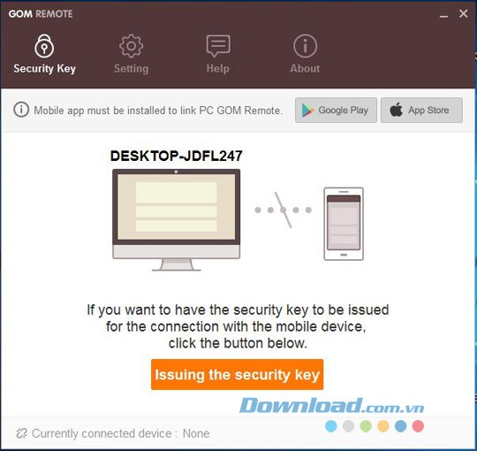 Giao diện thiết lập của ứng dụng điều khiển GOM Remote cho máy tính