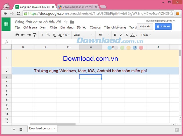 Giao diện soạn thảo của Google Sheets