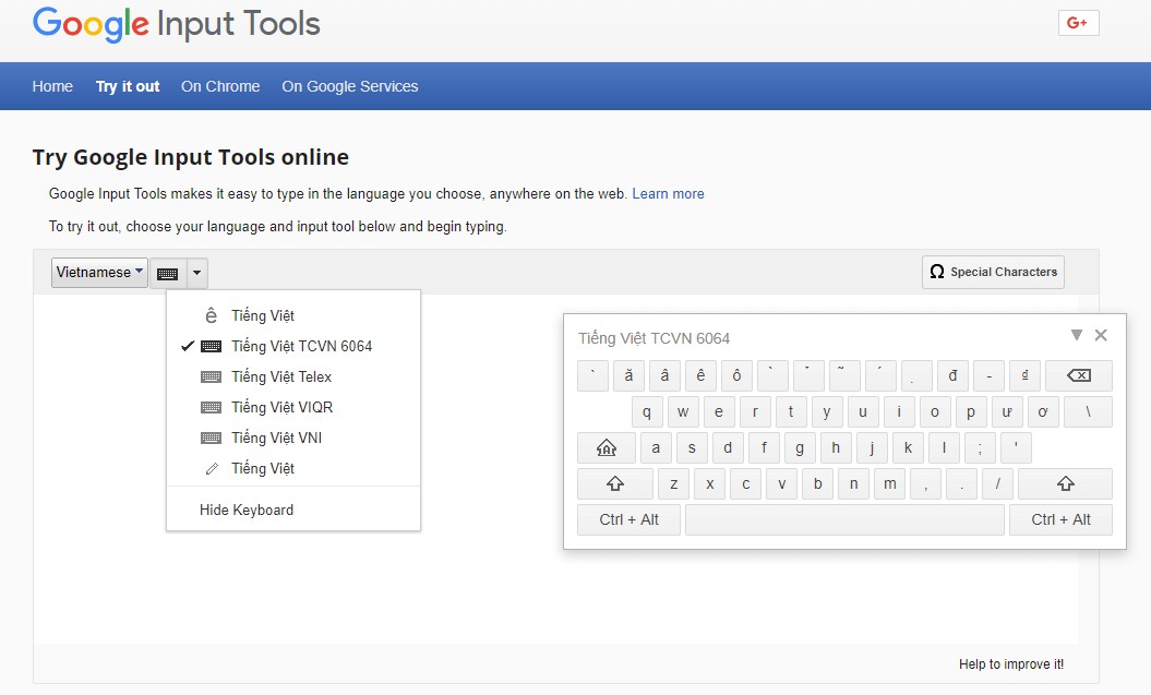 Google Input Tools đã có hỗ trợ gõ tiếng Việt