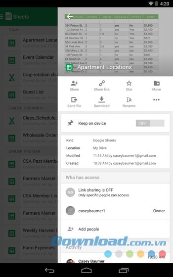 Các tùy chọn khác trên Google Sheets