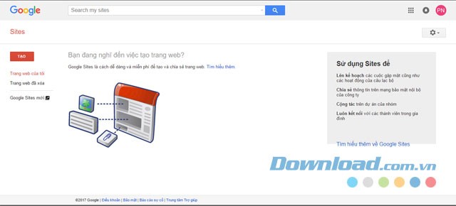 Giao diện chính của trang tạo website miễn phí Google Sites Online