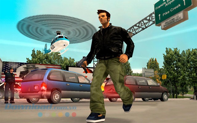 Nhân vật có thể lái trực thăng, ô tô và nhiều phương tiện khác trong game hành động Grand Theft Auto III cho Mac