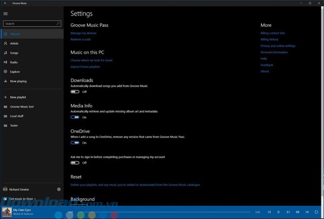 Mục cài đặt của ứng dụng