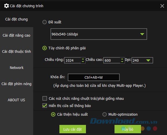 Giao diện Cài đặt của GTV Player