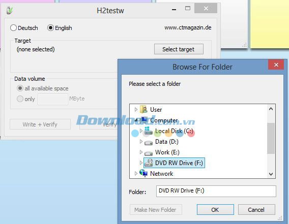 Chọn thiết bị quét với H2testw