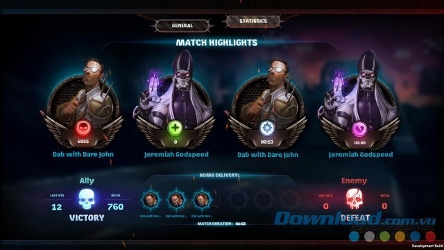 Xem các thông số nổi bật về trận đấu trong game đua xe chiến đấu miễn phí Heavy Metal Machines cho máy tính