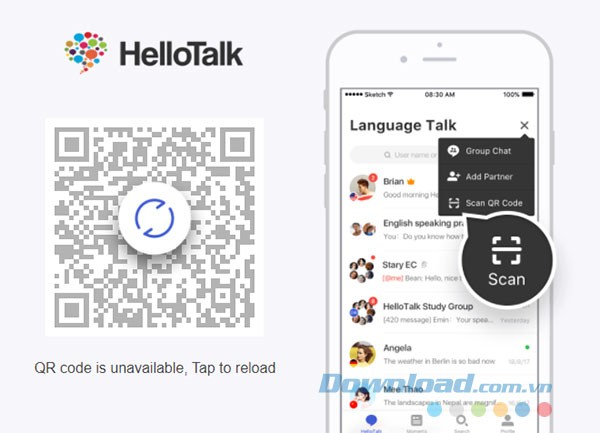 Quét mã QR code trên HelloTalk Mobile để bắt đầu dùng HelloTalk Web