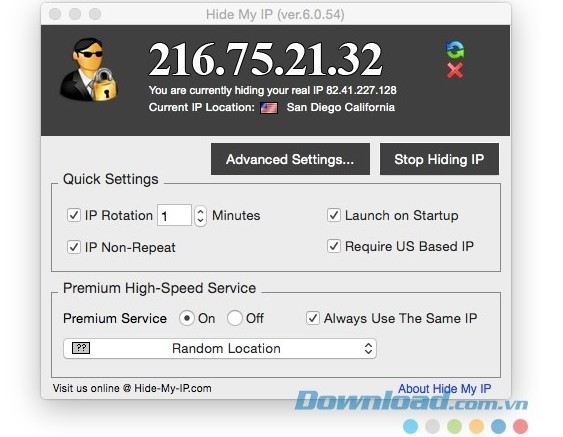 Giao diện chính của phần mềm Hide My IP cho Mac