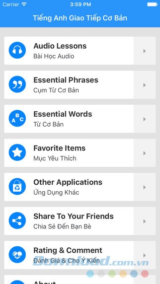 Danh mục chính của ứng dụng Học tiếng Anh giao tiếp TFLAT