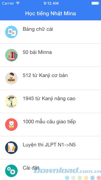 Giao diện chính của ứng dụng Học tiếng Nhật Mina