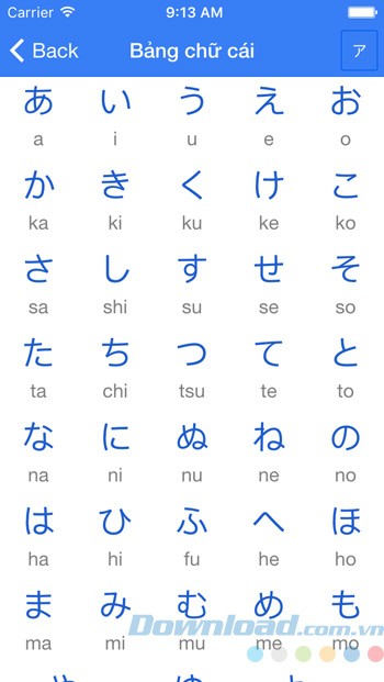 Bảng chữ cái trong ứng dụng Học tiếng Nhật Mina