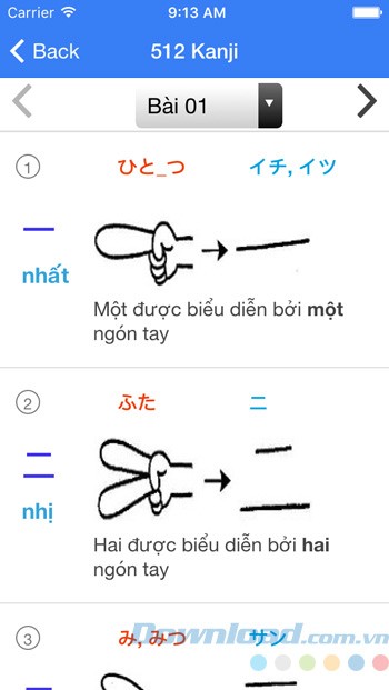 512 bài Kanji trong ứng dụng Học tiếng Nhật Mina