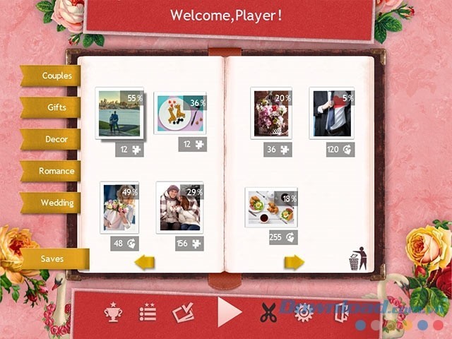 Lựa chọn chủ đề cặp đôi, món quà, trang trí, lãng mạn hoặc lễ cưới trong game ghép hình Holiday Jigsaw Valentine's Day 4 cho máy tính