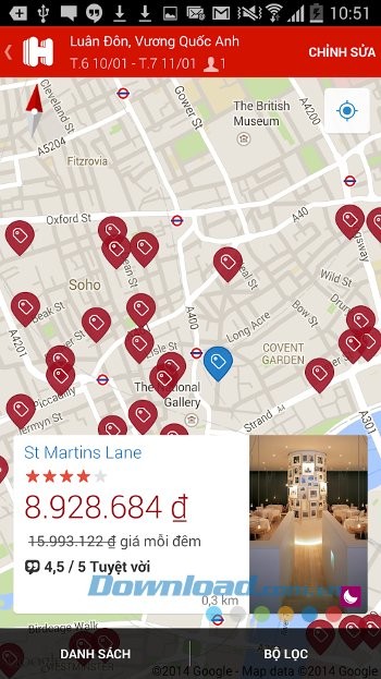 Xem thông tin điểm đến trên bản đồ của Hotels.com