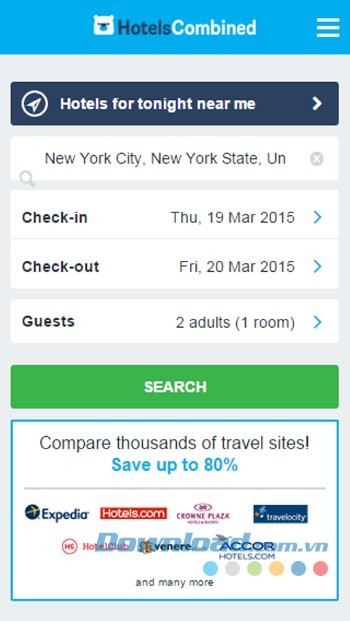 Tìm kiếm các khách sạn gần nhất với HotelsCombined