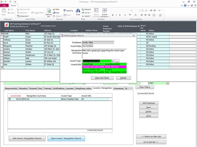 Giao diện phần mềm quản lý nhân sự HR Tracking Database Software