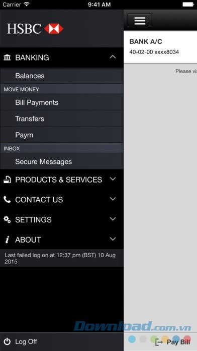Thực đơn chính của ứng dụng HSBC