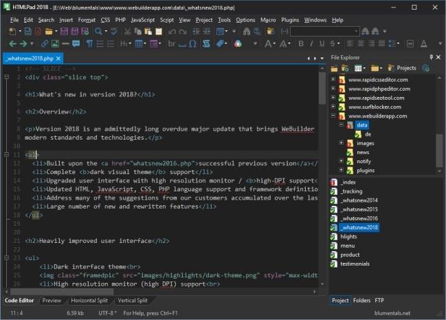 Giao diện nền tối của HTMLPad 2018