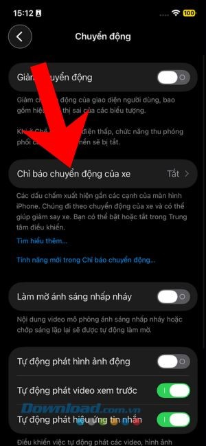 Ấn vào mục Chỉ báo chuyển động của xe