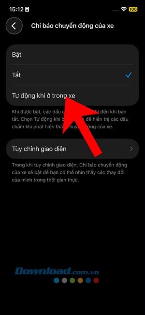 Chọn vào mục Bật hoặc Tự động khi ở trong xe