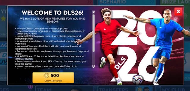 DLS 26 mang đến nhiều tính năng mới trong mùa này. Ấn Claim Rewards để nhận phần thưởng mùa mới