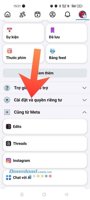 Ấn vào mục Cài đặt và quyền riêng tư