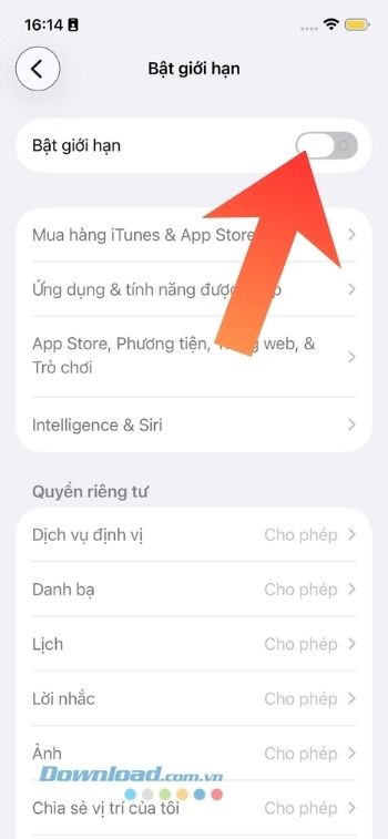 Bật công tác tại mục Bật giới hạn