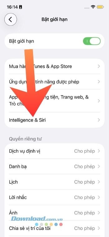 Nhấn vào mục Intelligence & Siri